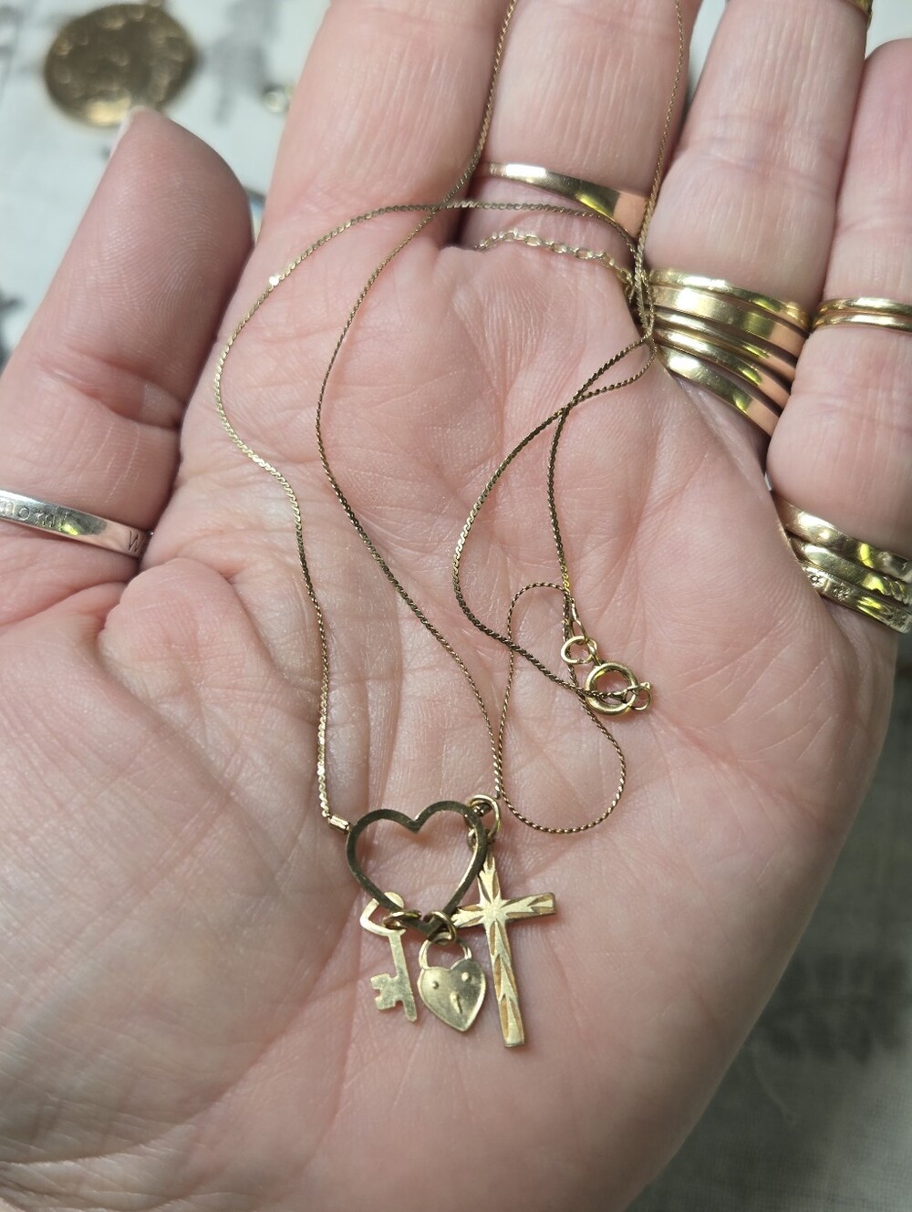 Vintage Gold Heart, Cross & Key Charm Necklace